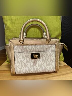 Michael Kors Cream MK Monogram Tina Satchel with Gold Trim
